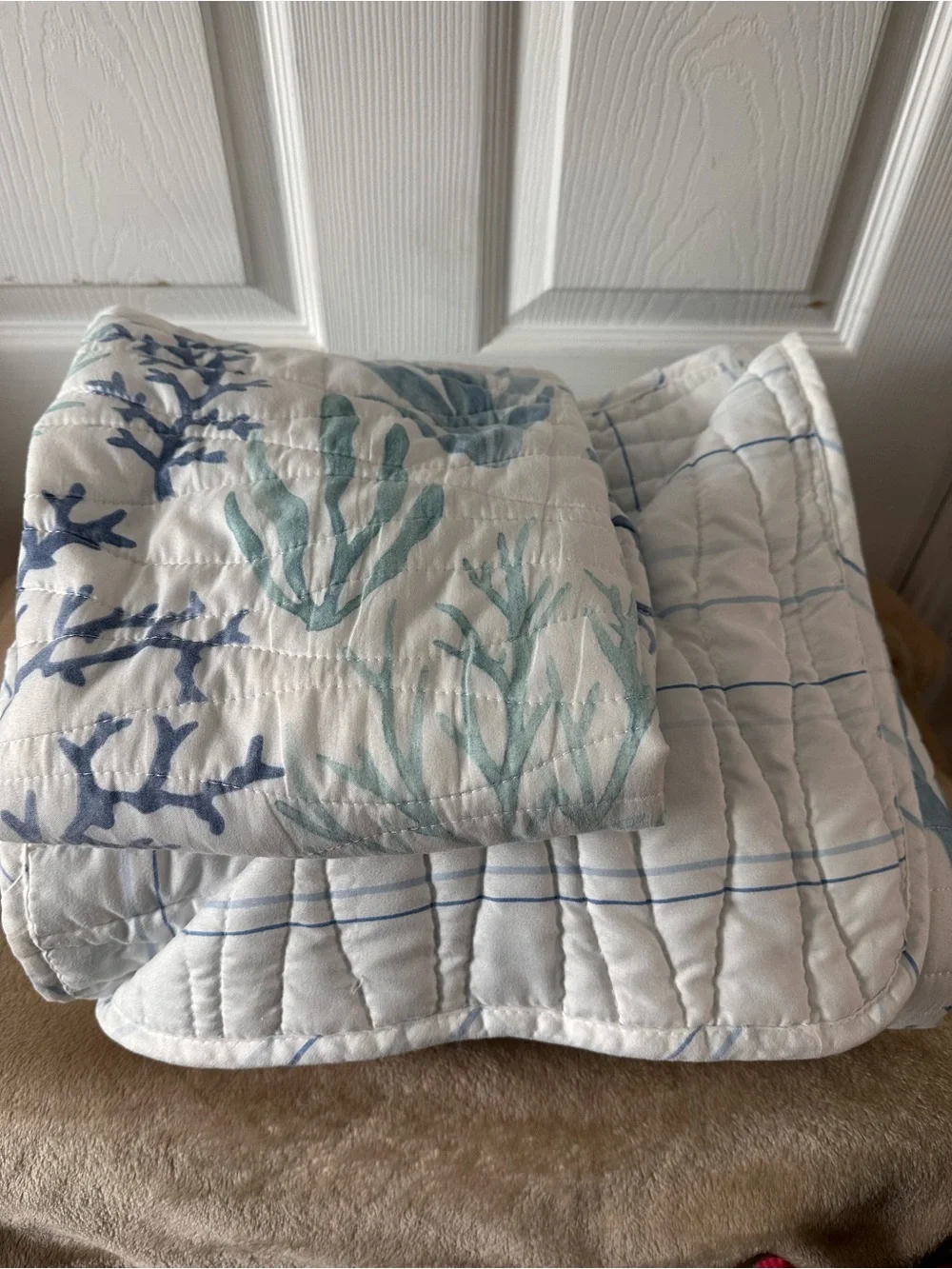 The Coastal Compass Twin Quilt Sea-foam, Blue & Coral Print on White Background